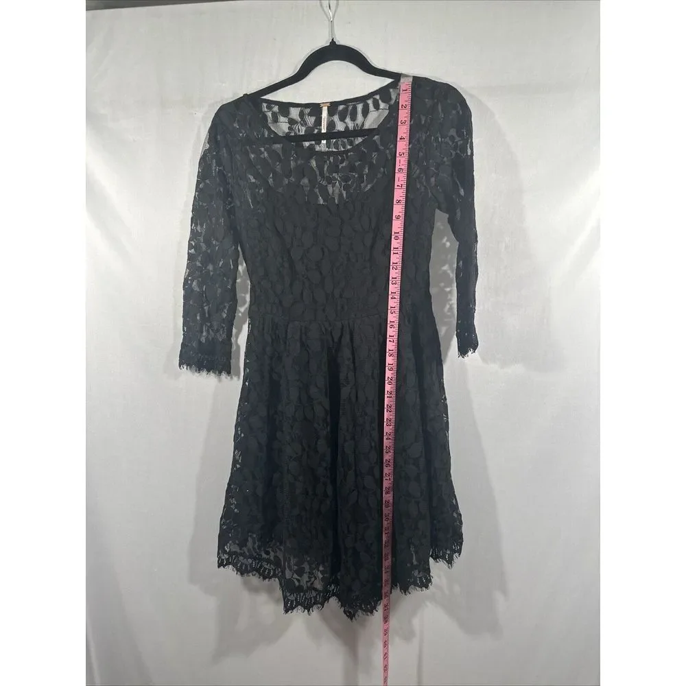 NEW $128 Free People [ 4 ] Skater‎ Floral Mesh Lace Dress in Black #u1184